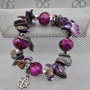 Bracelet Beads and Shells Beautiful Purples with Charms - Stretchs